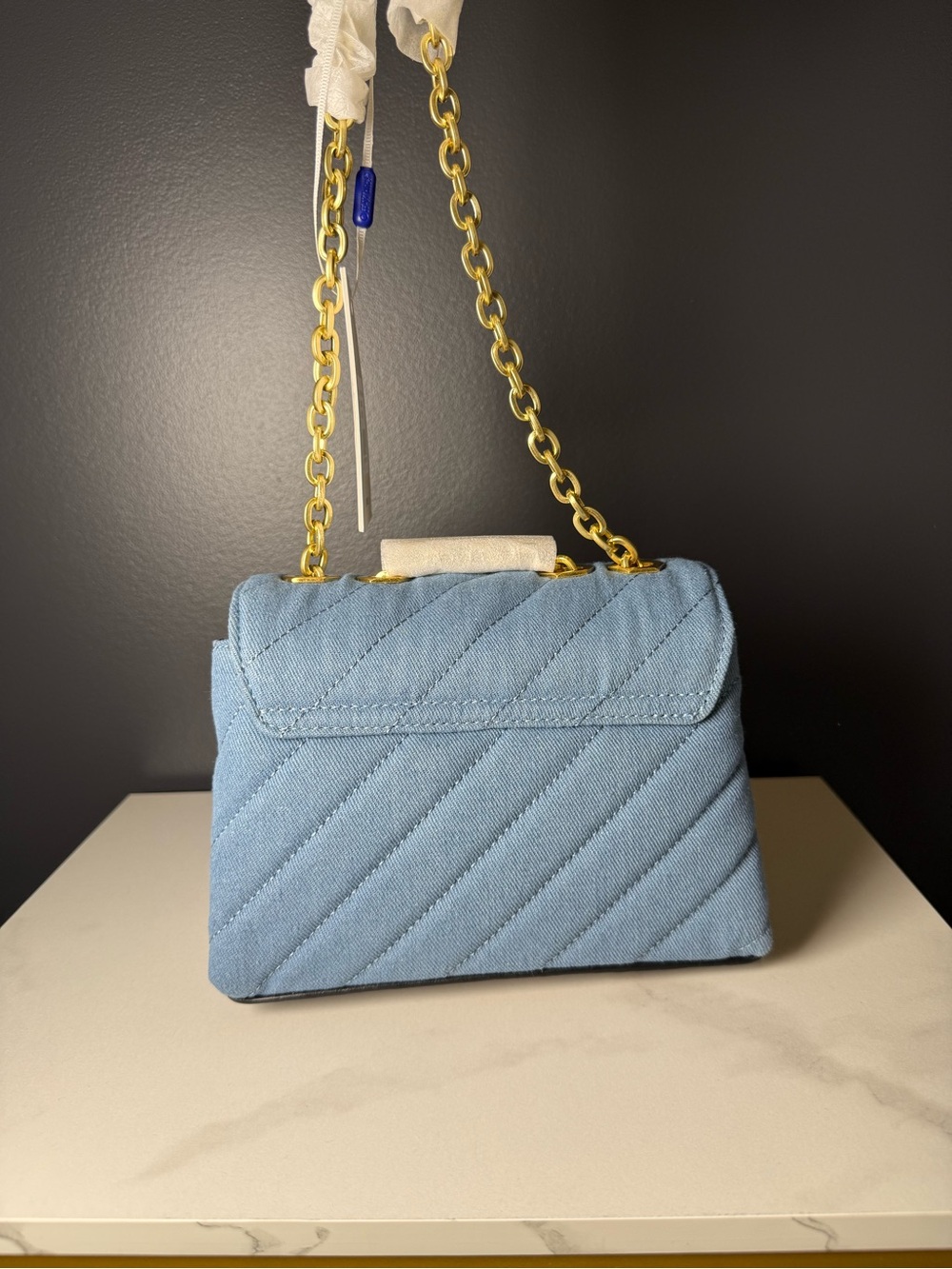 Off-White Light Blue Quilted Chain Shoulder Bag with Gold Hardware - Picture 3 of 3
